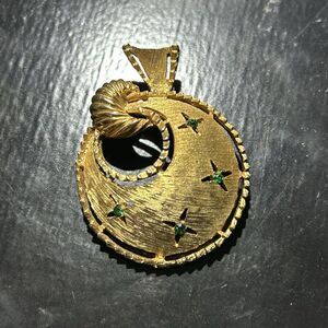 Vintage Textured Gilt & Small Green Rhinestone Stylized Floral Brooch